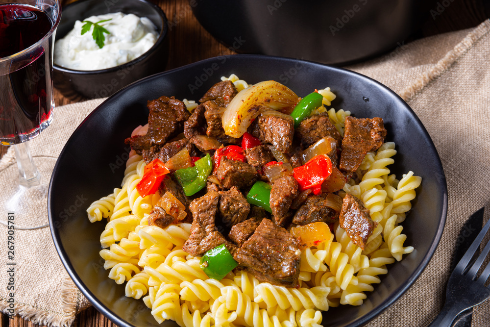 Fussili noodle with klaschise spicy goulash and paprika Fussili noodle with klaschise spicy goulash and paprika