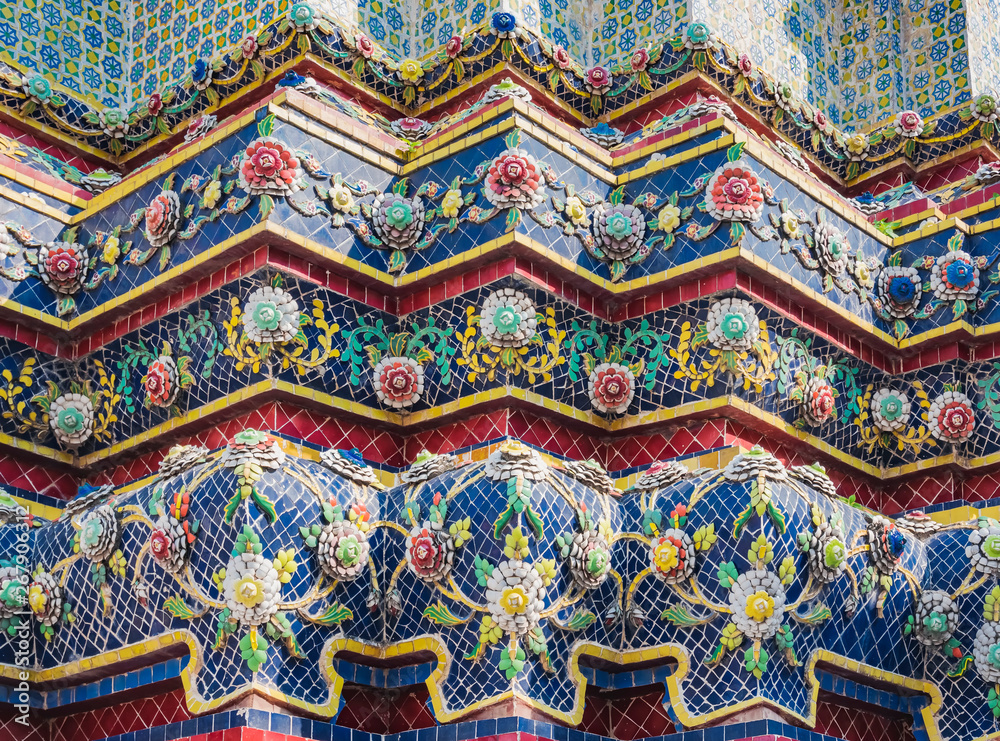 Wat Pho Colourful tiles floral pattern Mosaic on Pagoda Temple Landmark Architecture Bangkok Thailand Wat Pho Colourful tiles floral pattern Mosaic on Pagoda Temple Landmark Architecture Bangkok Thailand