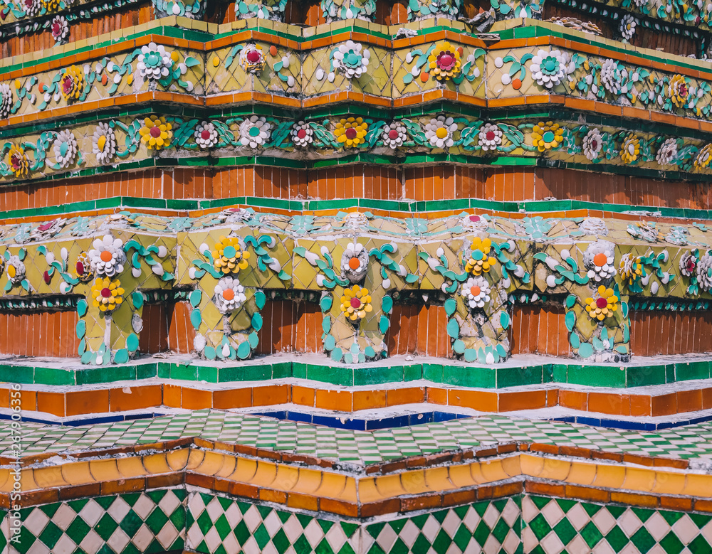 Wat Pho Colourful tiles floral pattern Mosaic on Pagoda Temple Landmark Architecture Bangkok Thailand