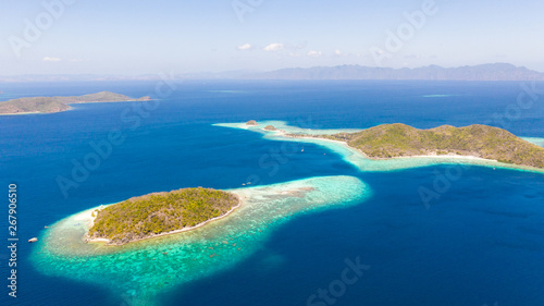 Islands of the Malayan archipelago with turquoise lagoons. Nature of the Philippines, top view. Philippines, Palawan