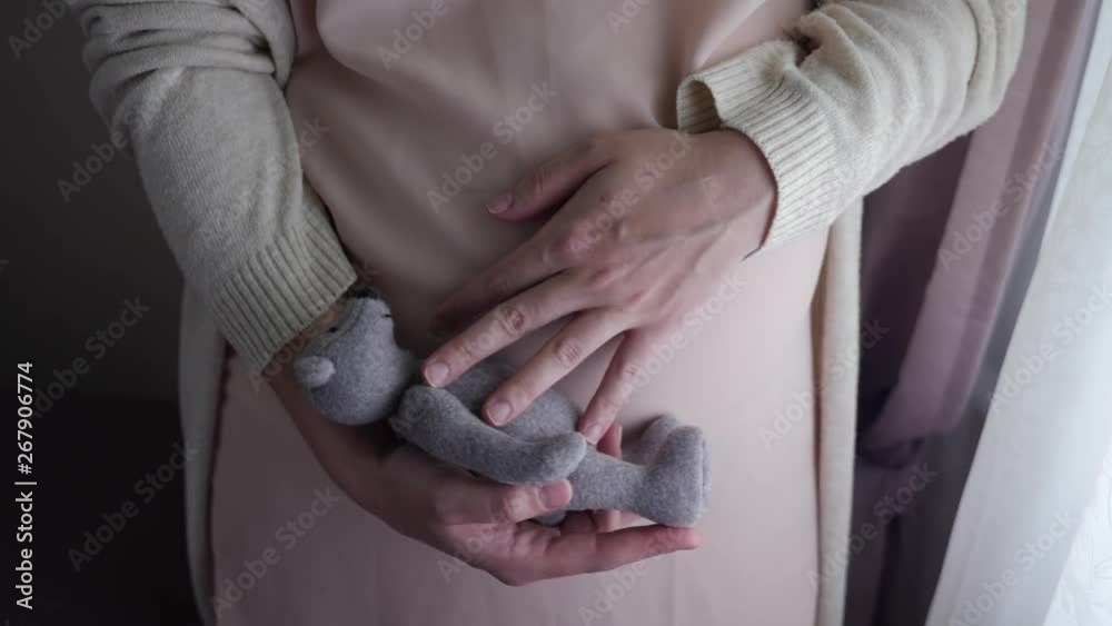 pregnant woman in a peach-colored dress stroking a bear toy pregnant woman in a peach-colored dress stroking a bear toy