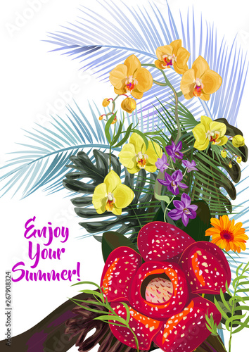 Templates vacation invitation  vertical card  Rafflesia  gerbera  purple Dendrobium  yellow Phalaenopsis orchid flowers  monstera  coconut palm leaves. Tropical plants  white background  vector  A4