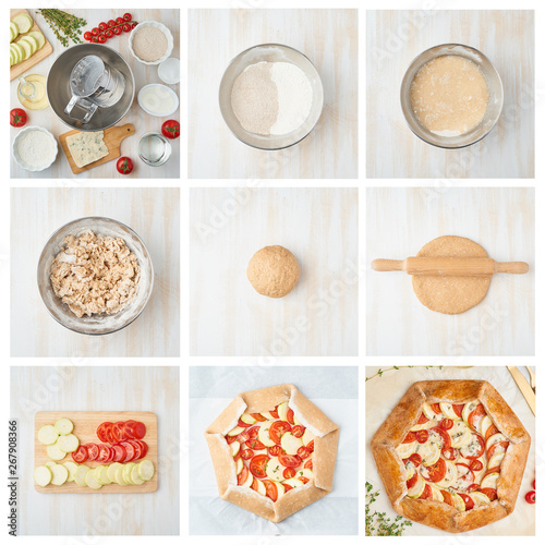 Collage, step by step recipe. Galette with vegetable.