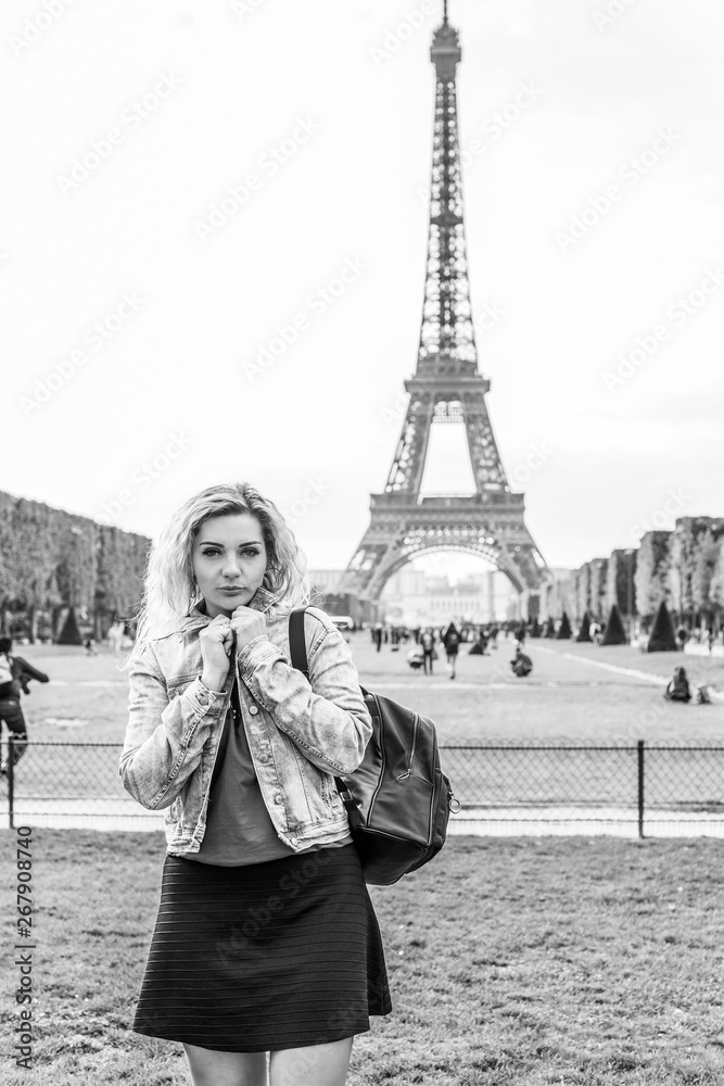 Paris vacation, vintage fashion style . Woman at France. Stylish beautiful modern lady in city 