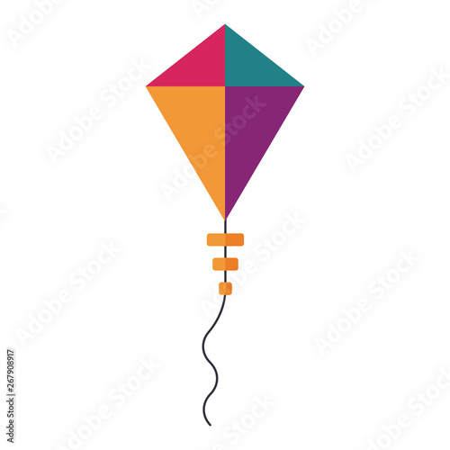 Flying handle kite for outdoor fun games and beach activities in flat design. Colorful kids flying toy single icon isolated on white background.