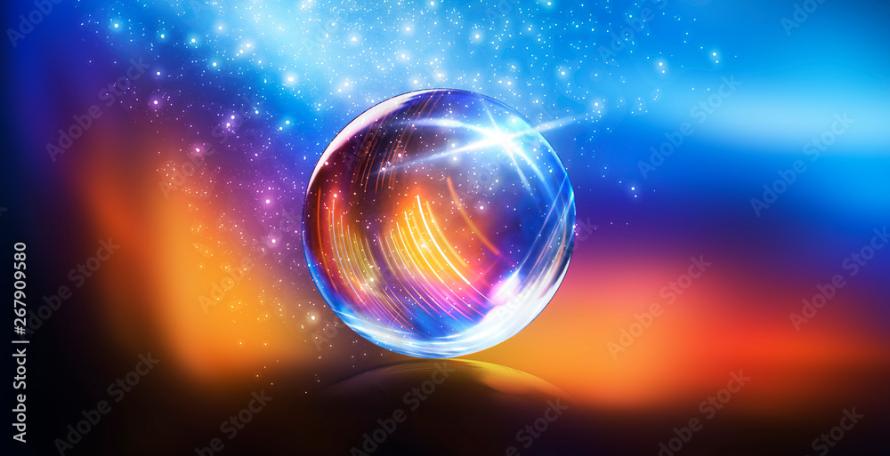 Glass ball, reflection of neon lights, rays, glare. Abstract neon background. The lights of the night city. Magic glass ball, sparkles. Glass ball, reflection of neon lights, rays, glare. Abstract neon background. The lights of the night city. Magic glass ball, sparkles.