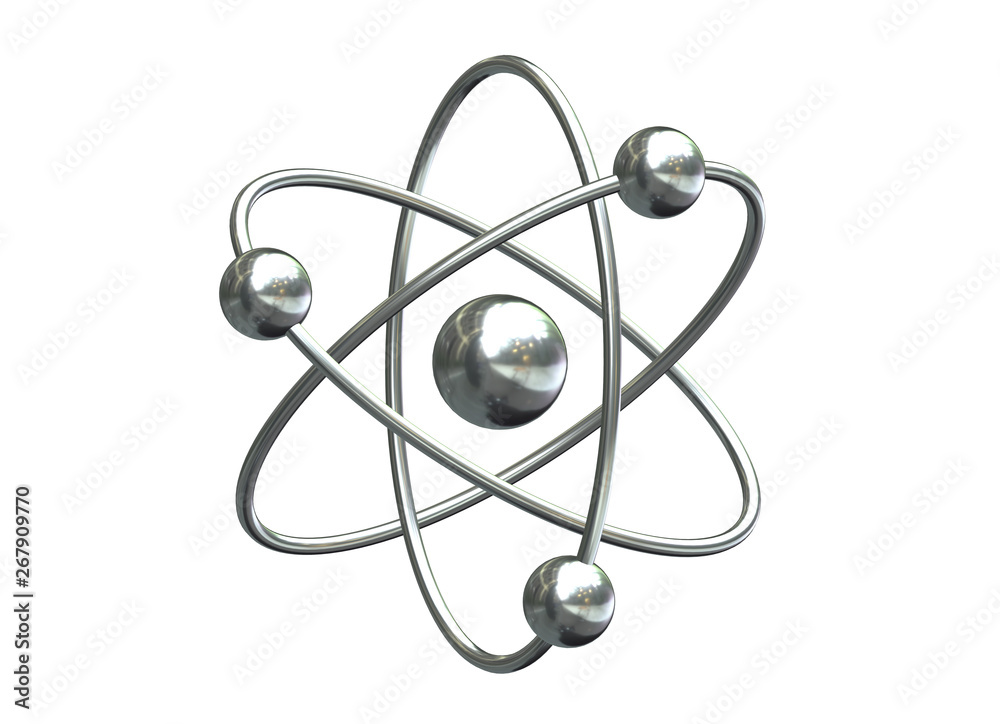 3D render of abstract model of atom isolated on white background. 3D render of abstract model of atom isolated on white background.