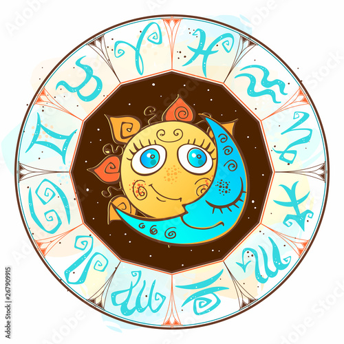 Zodiac.  Astrological symbol. Horoscope. The sun and the moon. Astrology Mystical Vector