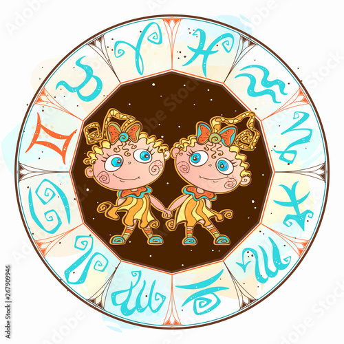 Horoscope for children sign Gemini in the zodiac circle. Vector.