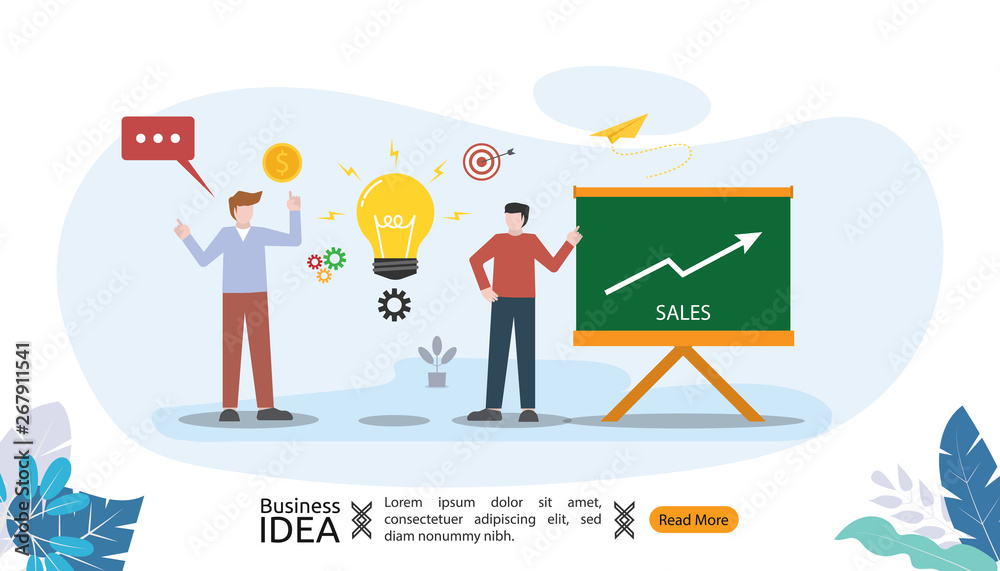 teamwork business brainstorming Idea concept with big yellow light bulb lamp, small people character. creative innovation solution. template for web landing page, banner, presentation, social media.