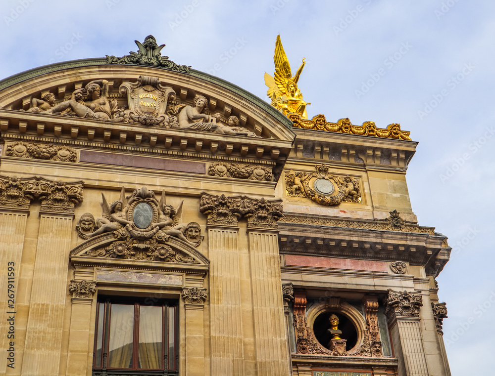Architectural details of facade of Paris Opera (Palais Garnier). France. April 2019