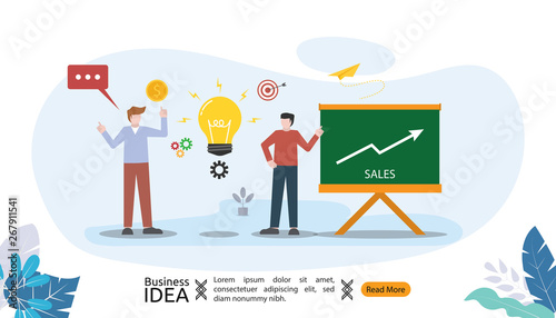 teamwork business brainstorming Idea concept with big yellow light bulb lamp, small people character. creative innovation solution. template for web landing page, banner, presentation, social media.