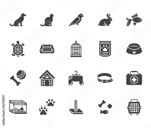 Pet shop flat glyph icons set. Dog carrier, cat scratcher, bird cage, rabbit, fish aquarium, pets paw, collar vector illustrations. Signs for veterinary. Solid silhouette pixel perfect 64x64