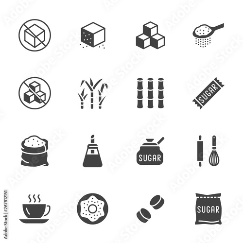 Sugar cane, cube flat glyph icons set. Sweetener, stevia, bakery products vector illustrations. Signs for sugarless food. Solid silhouette pixel perfect 64x64