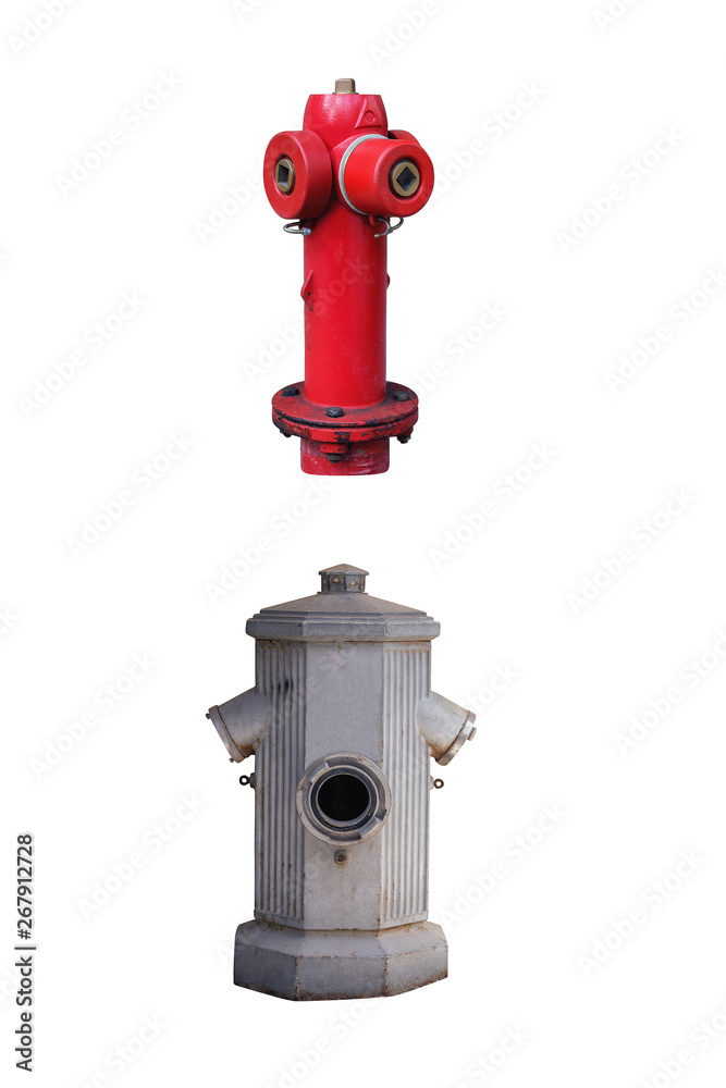 Two old street fire hydrants to extinguish a fire isolated on white background Two old street fire hydrants to extinguish a fire isolated on white background