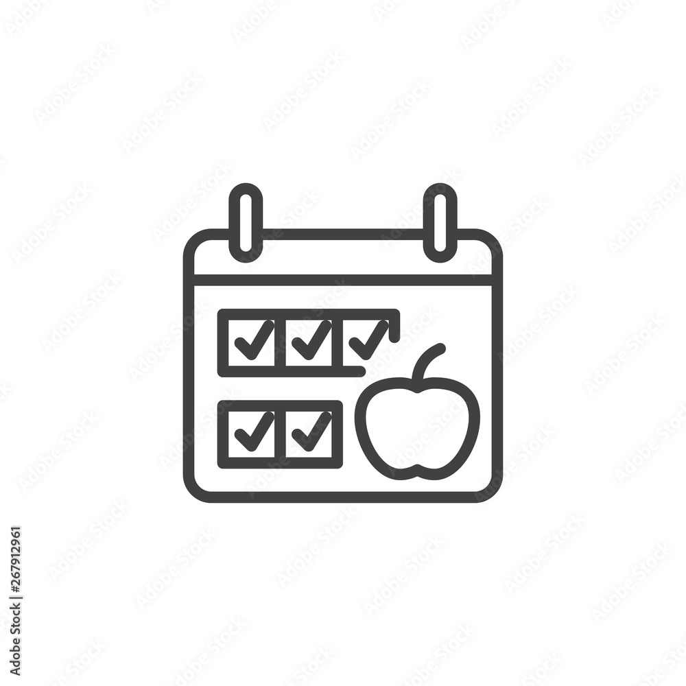 Diet plan calendar line icon. linear style sign for mobile concept and web design. Calendar page with apple outline vector icon. Symbol, logo illustration. Pixel perfect vector graphics Diet plan calendar line icon. linear style sign for mobile concept and web design. Calendar page with apple outline vector icon. Symbol, logo illustration. Pixel perfect vector graphics