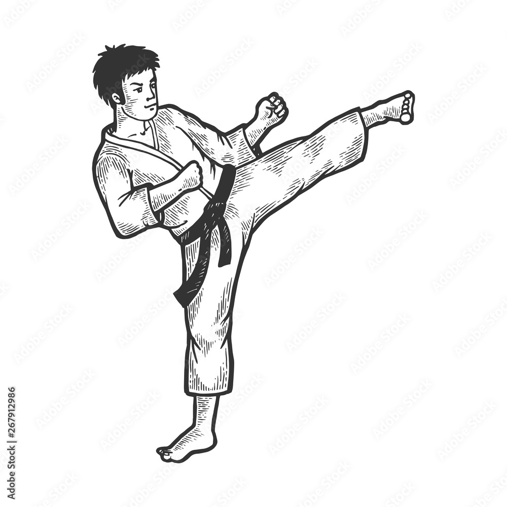 Karate athlete kick foot up on head area sketch engraving vector ...
