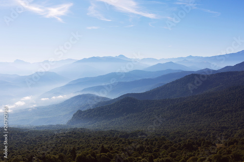 Observation deck at the top of the mountain overlooking the valley and the mountain range. Plateau Lago-Naki  Adygea  Russia