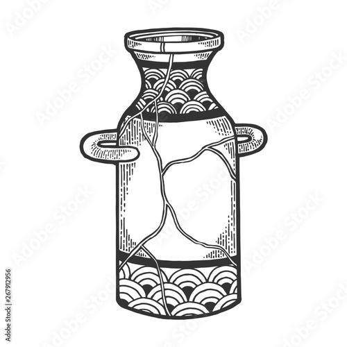 Repaired Japan vase kintsugi art sketch engraving vector illustration. Scratch board style imitation. Black and white hand drawn image.