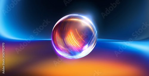 Glass ball, reflection of neon lights, rays, glare. Abstract neon background. The lights of the night city. Magic glass ball, sparkles.