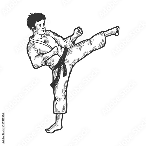 Karate athlete kick foot up on head area sketch engraving vector illustration. Scratch board style imitation. Black and white hand drawn image.