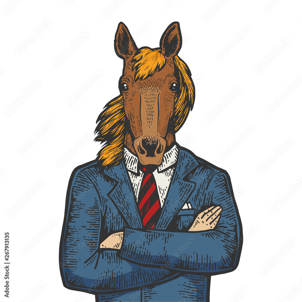 Horse head businessman color sketch engraving vector illustration