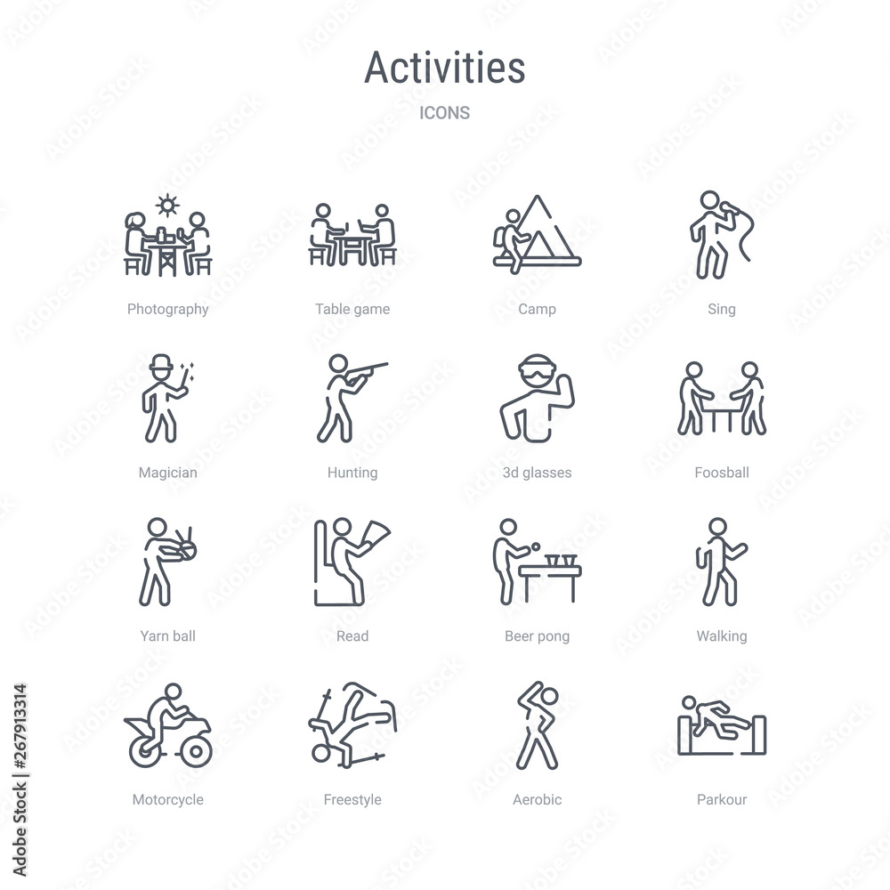 set of 16 activities concept vector line icons such as parkour, aerobic, freestyle, motorcycle, walking, beer pong, read, yarn ball. 64x64 thin stroke icons set of 16 activities concept vector line icons such as parkour, aerobic, freestyle, motorcycle, walking, beer pong, read, yarn ball. 64x64 thin stroke icons