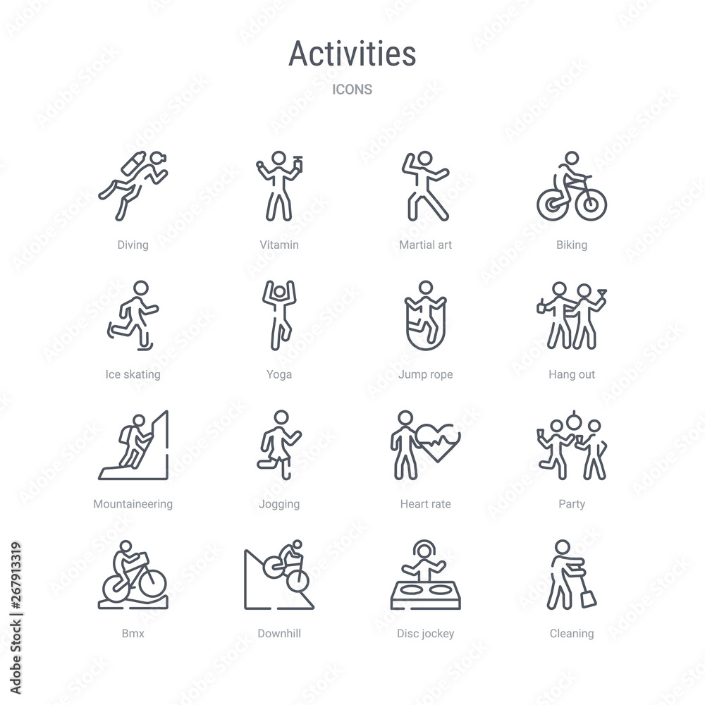 set of 16 activities concept vector line icons such as cleaning, disc jockey, downhill, bmx, party, heart rate, jogging, mountaineering. 64x64 thin stroke icons