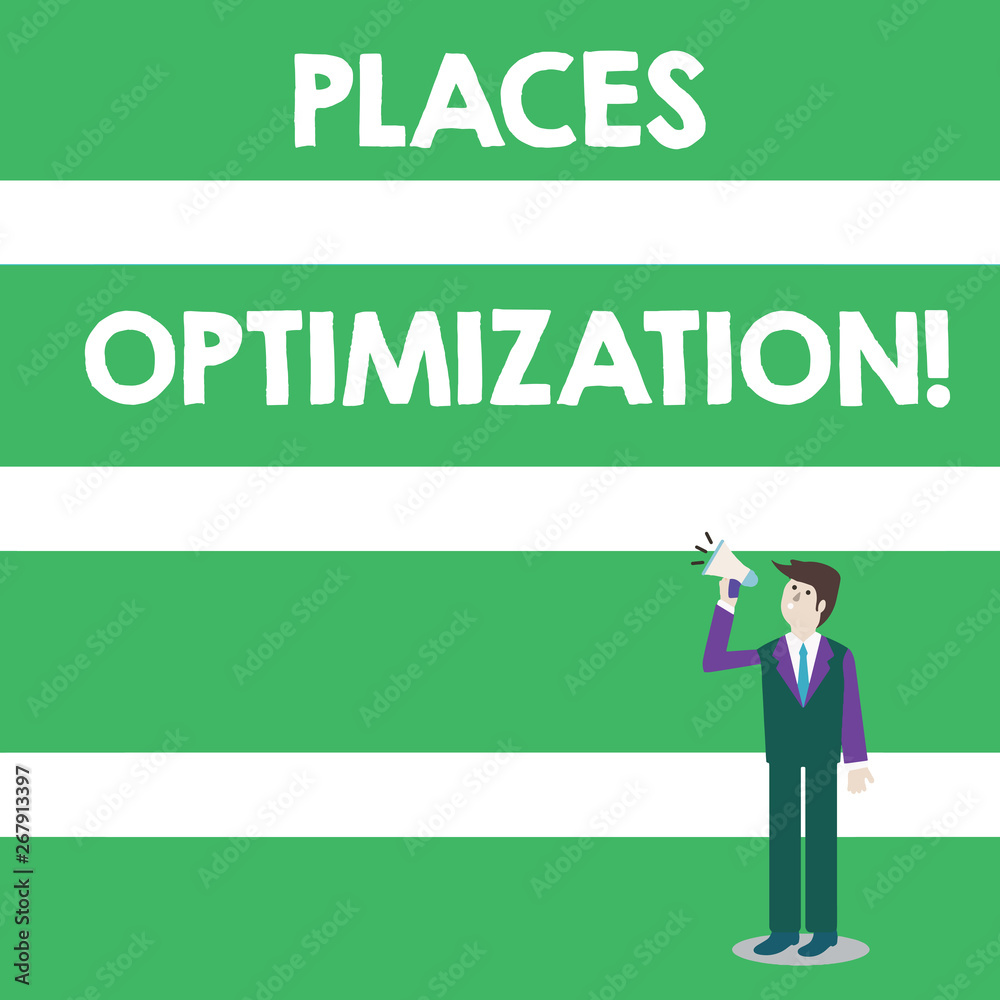 Text sign showing Places Optimization. Business photo text improve searching for something in a certain location Businessman Looking Up, Holding and Talking on Megaphone with Volume Icon Text sign showing Places Optimization. Business photo text improve searching for something in a certain location Businessman Looking Up, Holding and Talking on Megaphone with Volume Icon