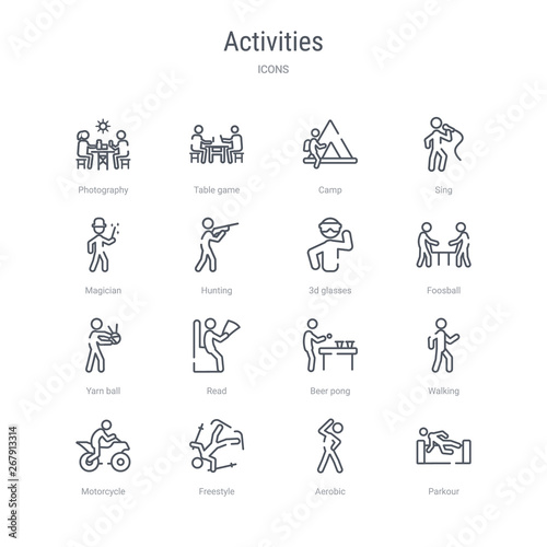 set of 16 activities concept vector line icons such as parkour, aerobic, freestyle, motorcycle, walking, beer pong, read, yarn ball. 64x64 thin stroke icons