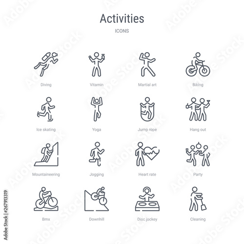 set of 16 activities concept vector line icons such as cleaning, disc jockey, downhill, bmx, party, heart rate, jogging, mountaineering. 64x64 thin stroke icons