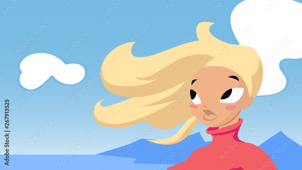 Vector illustration for ski resort poster design with cartoon blonde girl and mountain on background. Vector illustration for ski resort poster design with cartoon blonde girl and mountain on background.