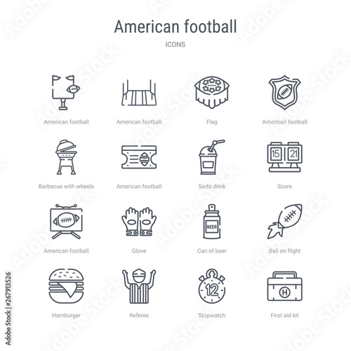 set of 16 american football concept vector line icons such as first aid kit, stopwatch, referee, hamburger, ball on flight, can of beer, glove, american football television. 64x64 thin stroke icons