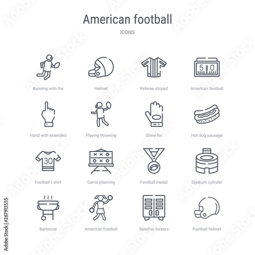 set of 16 american football concept vector line icons such as football helmet, sportive lockers, american football cheerleader jump, barbecue, stadium cylinder, medal, game planning, t shirt with