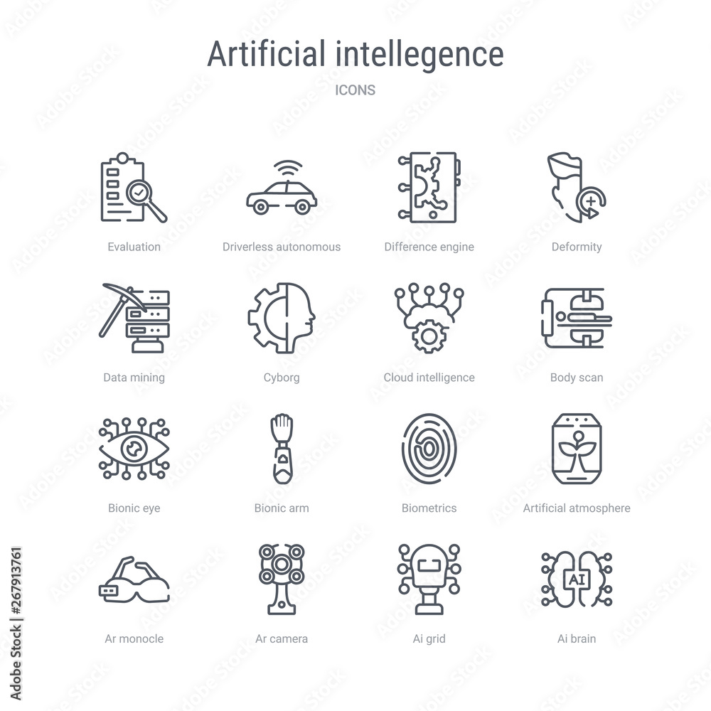 set of 16 artificial intellegence concept vector line icons such as ai brain, ai grid, ar camera, ar monocle, artificial atmosphere, biometrics, bionic arm, bionic eye. 64x64 thin stroke icons