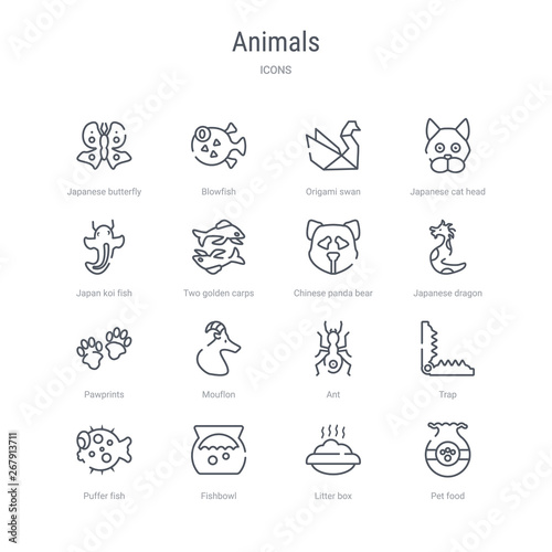 set of 16 animals concept vector line icons such as pet food, litter box, fishbowl, puffer fish, trap, ant, mouflon, pawprints. 64x64 thin stroke icons