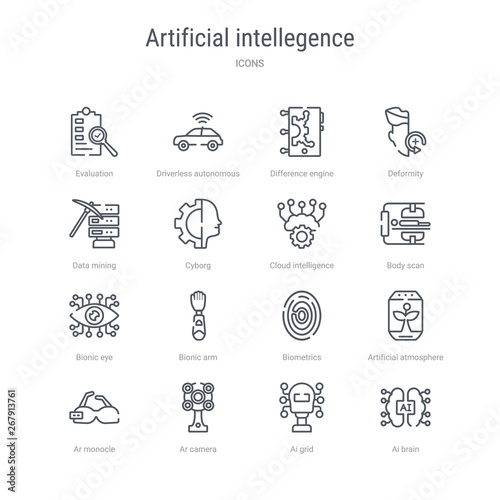 set of 16 artificial intellegence concept vector line icons such as ai brain, ai grid, ar camera, ar monocle, artificial atmosphere, biometrics, bionic arm, bionic eye. 64x64 thin stroke icons
