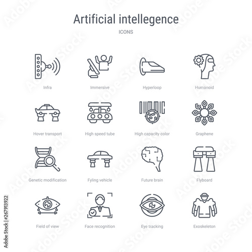 set of 16 artificial intellegence concept vector line icons such as exoskeleton, eye tracking, face recognition, field of view, flyboard, future brain, fyling vehicle, genetic modification. 64x64