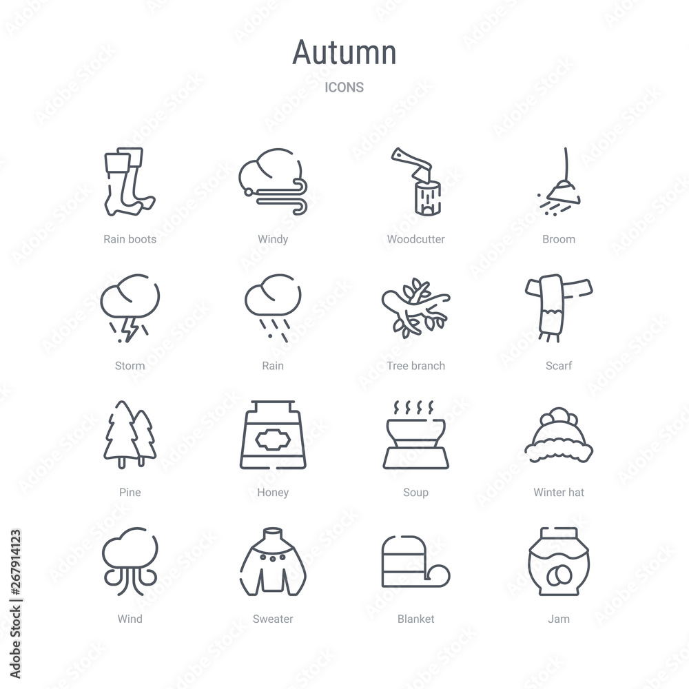 Fototapeta premium set of 16 autumn concept vector line icons such as jam, blanket, sweater, wind, winter hat, soup, honey, pine. 64x64 thin stroke icons