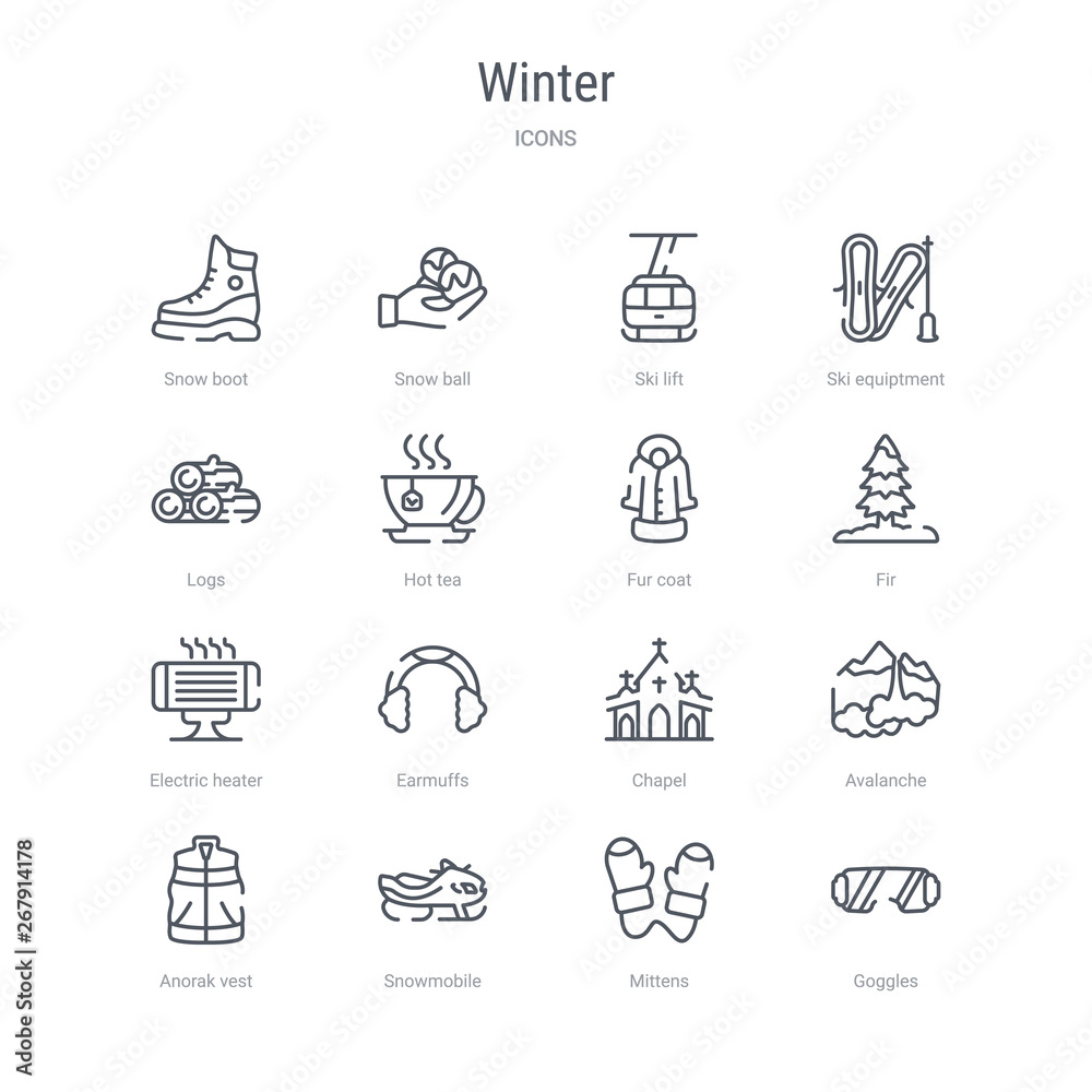 set of 16 winter concept vector line icons such as goggles, mittens, snowmobile, anorak vest, avalanche, chapel, earmuffs, electric heater. 64x64 thin stroke icons set of 16 winter concept vector line icons such as goggles, mittens, snowmobile, anorak vest, avalanche, chapel, earmuffs, electric heater. 64x64 thin stroke icons
