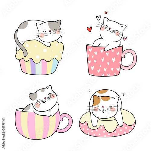 Draw set cute cat different pose in cup of tea.