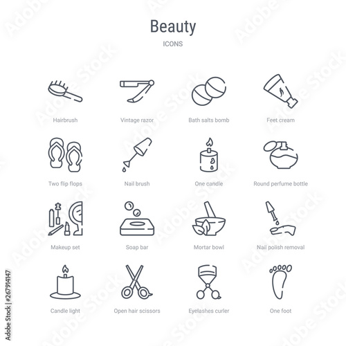 set of 16 beauty concept vector line icons such as one foot, eyelashes curler, open hair scissors, candle light, nail polish removal, mortar bowl, soap bar, makeup set. 64x64 thin stroke icons