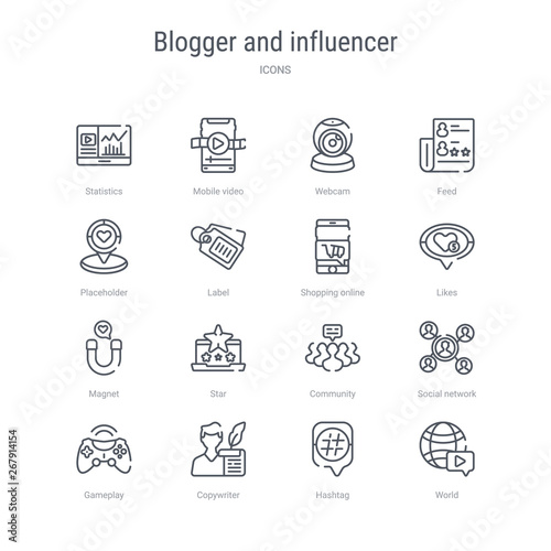 set of 16 blogger and influencer concept vector line icons such as world, hashtag, copywriter, gameplay, social network, community, star, magnet. 64x64 thin stroke icons