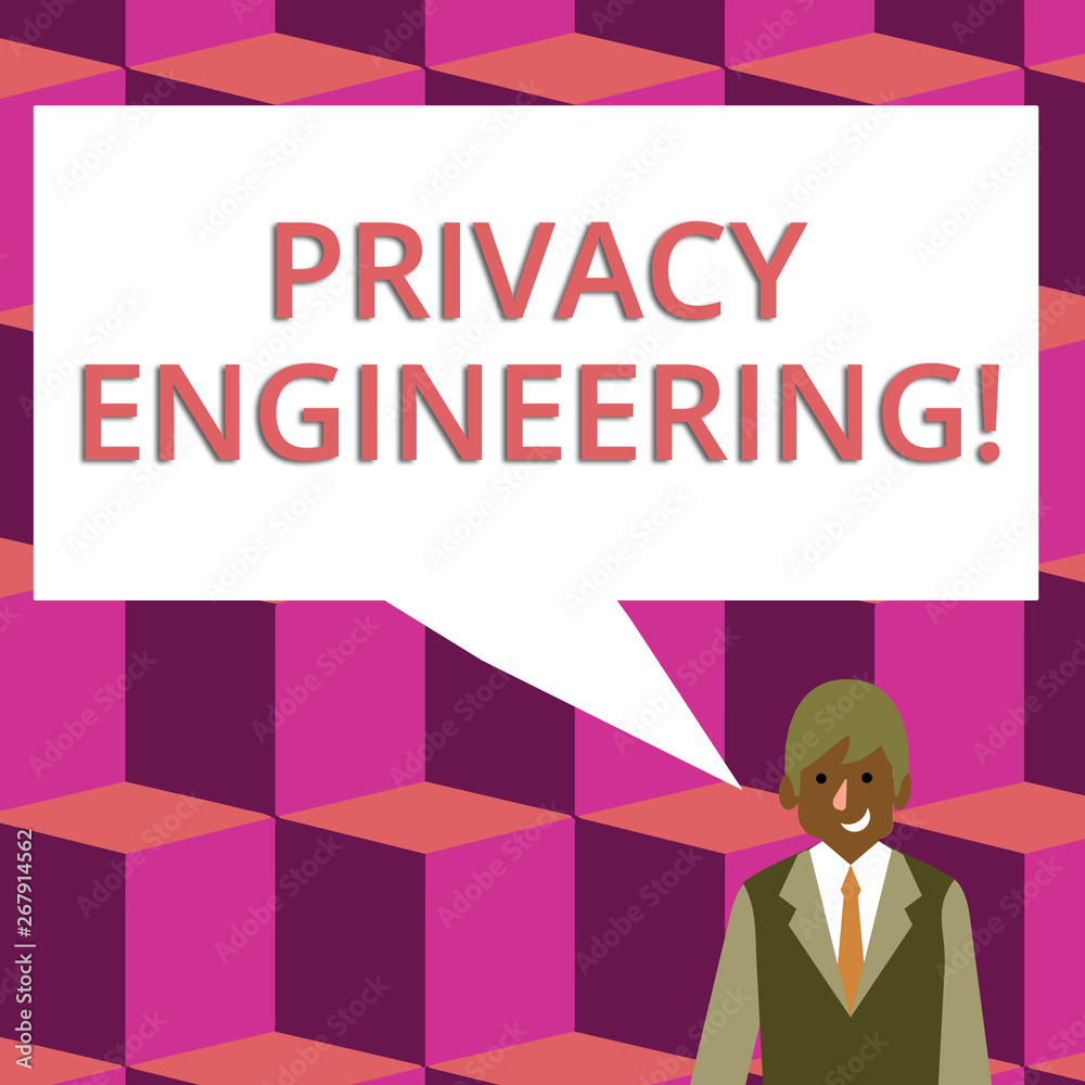 Text sign showing Privacy Engineering. Business photo text engineered systems provide acceptable levels of privacy Businessman Smiling and Talking with Blank Rectangular Color Speech Bubble Text sign showing Privacy Engineering. Business photo text engineered systems provide acceptable levels of privacy Businessman Smiling and Talking with Blank Rectangular Color Speech Bubble