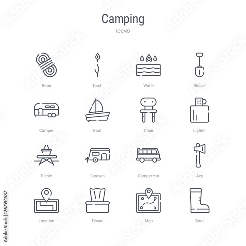 set of 16 camping concept vector line icons such as boot, map, tissue, location, axe, camper van, caravan, picnic. 64x64 thin stroke icons