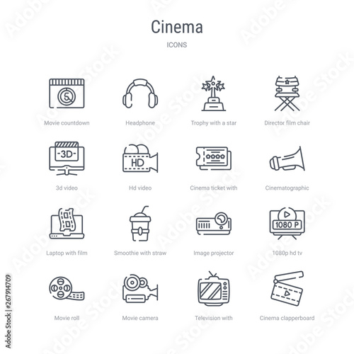 set of 16 cinema concept vector line icons such as cinema clapperboard, television with antenna, movie camera, movie roll, 1080p hd tv, image projector, smoothie with straw, laptop with film strip.