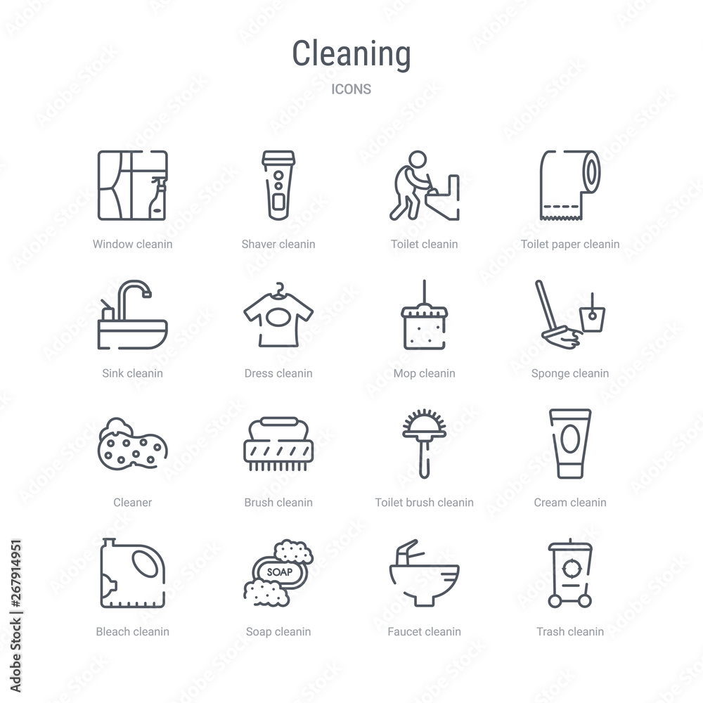 Fototapeta premium set of 16 cleaning concept vector line icons such as trash cleanin, faucet cleanin, soap cleanin, bleach cream toilet brush brush cleaner. 64x64 thin stroke icons