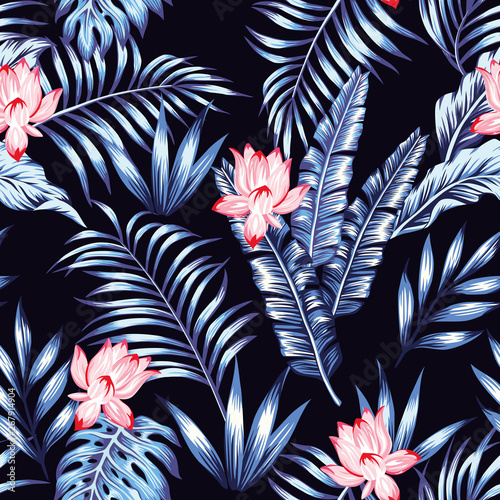 Niebieskie liście tropikalne, różowe kwiaty, czarne tło