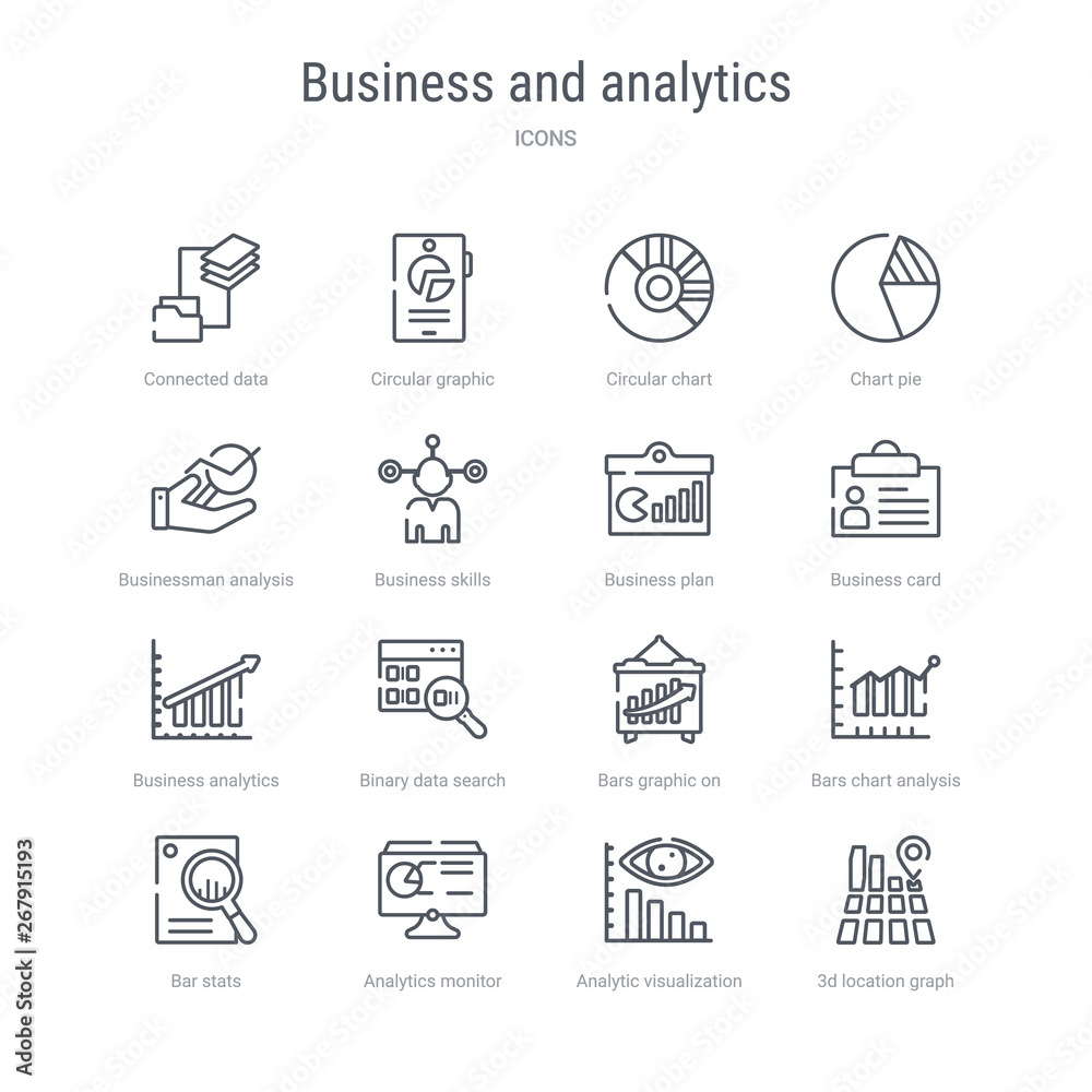 set of 16 business and analytics concept vector line icons such as 3d location graph, analytic visualization, analytics monitor, bar stats, bars chart analysis, bars graphic on screen, binary data set of 16 business and analytics concept vector line icons such as 3d location graph, analytic visualization, analytics monitor, bar stats, bars chart analysis, bars graphic on screen, binary data