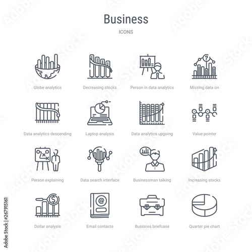 set of 16 business concept vector line icons such as quarter pie chart, bussines briefcase, email contacts, dollar analysis bars chart, increasing stocks graphic of bars, businessman talking about